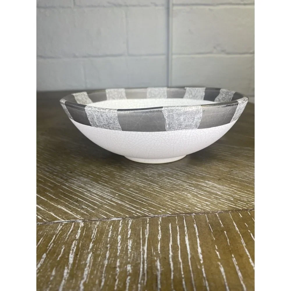 Michael Wainwright Art Pottery Ceramic Bowl Platinum‎ Crackle Ivory Gray